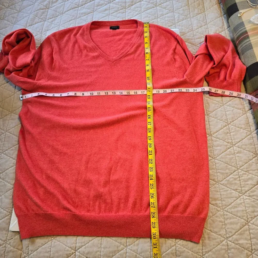 J Crew Men's Sweater XLT Orange Red Cotton Cashmere Blend V Neck Classic Preppy